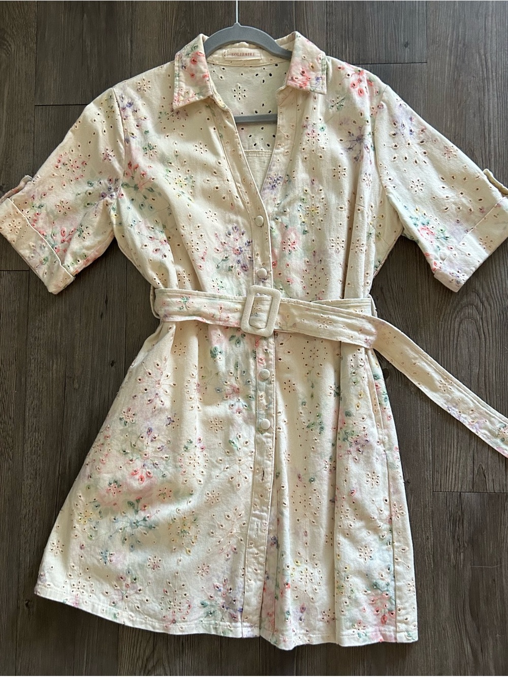 Solitaire Cream Eyelet Button-Front Top with Subtle Pastel Details